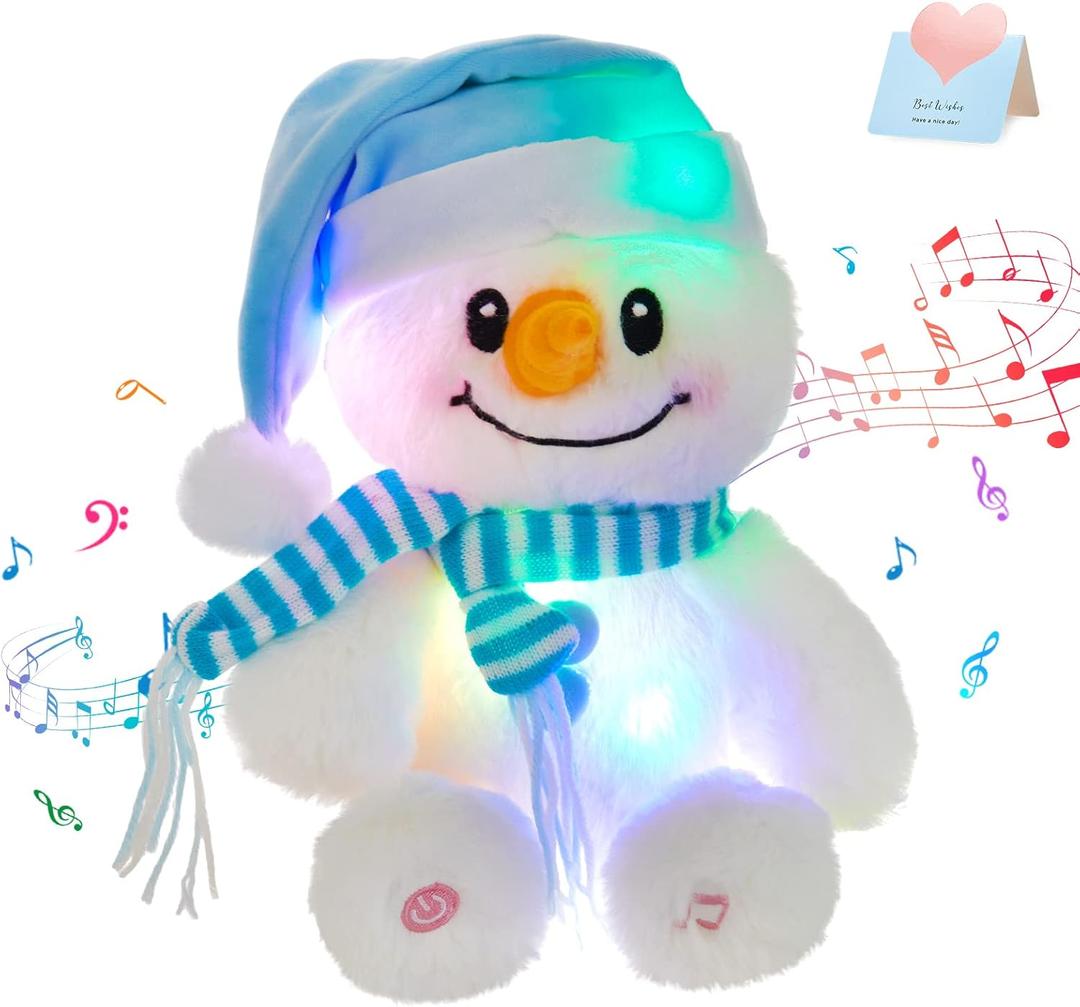 Glow Guards Light up Musical Christmas Snowman Stuffed Animal Soft Plush Toy with Colorful LED Night Lights Lullaby Songs Glow in The Dark Xmas Gifts for Toddler Kids, 10'' (Blue)