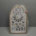 Rustic Wood Frame Wall Art, Distressed White Floral Carved Design, Vintage Arched Windowpane Style Farmhouse Decor with Acrylic Reflective Surface for Living Room Bedroom Bathroom, 13.4x22 Inch