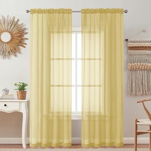 OVZME 2 Pack: Basic Mustard Yellow Sheer Curtain 84 Inches Long for Bedroom, Airy Light Filtering Voile Drapes for Living Room, Each 42W x 84L