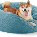 Bedsure Calming Dog Bed for Medium Dogs - Donut Washable Medium Pet Bed, 30 inches Anti-Slip Round Fluffy Plush Faux Fur Cat Bed, Fits up to 45 lbs Pets, Washed Blue