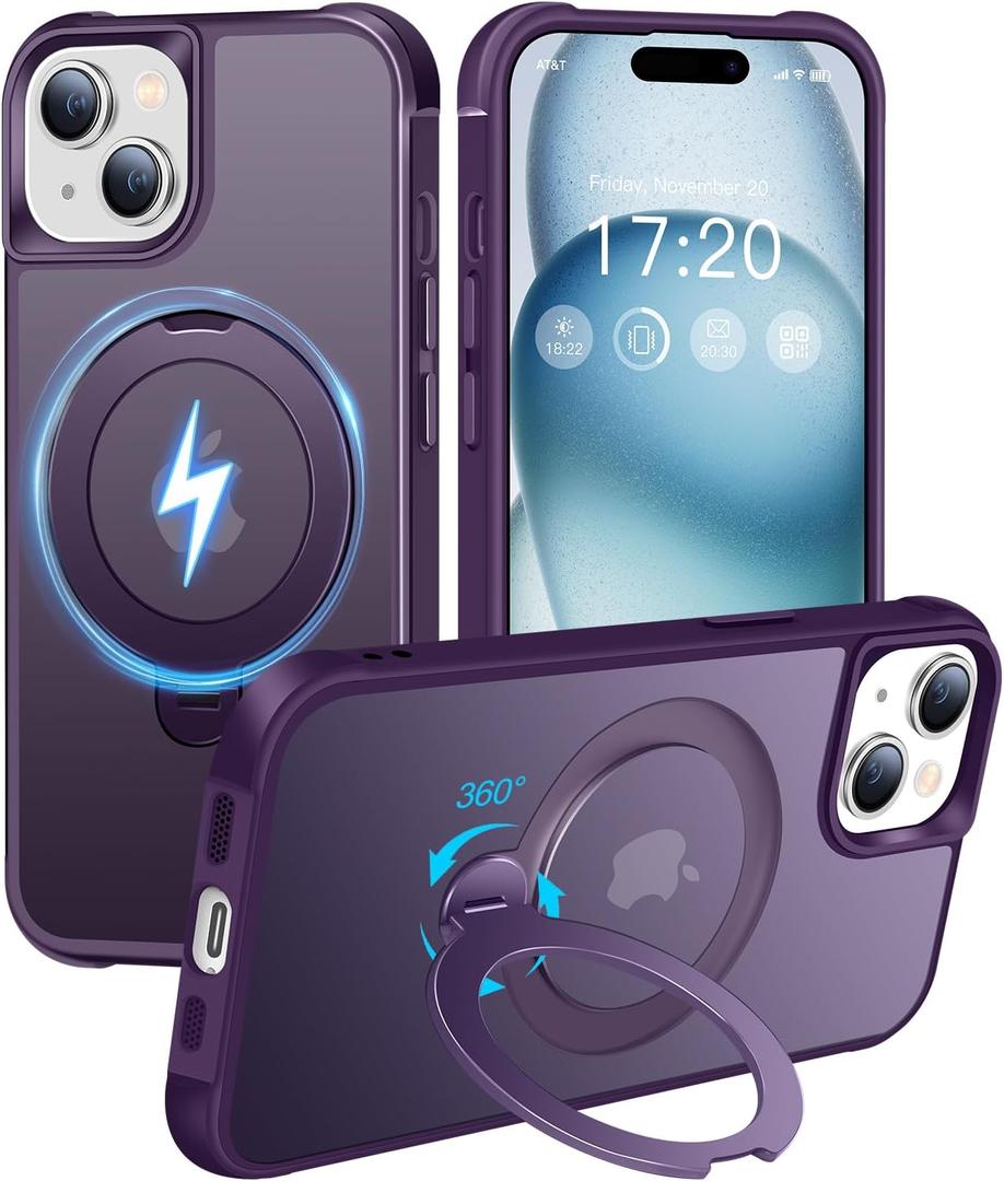 HuwaiH 360 Rotatable Magnetic Ring Stand for iPhone 15 Case, Compatible with MagSafe, Military-Grade Shockproof, Anti-Scratch Matte Translucent Phone Case for iPhone 15(Purple)