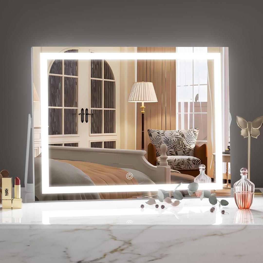 Hasipu Vanity Mirror with Lights, 14" x 11" LED Makeup Mirror, 3 Modes Light, Smart Touch Control Dimmable, 360Rotation, Rectangle White Frame, with 5X Magnifying Glass