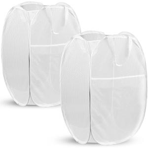 DUCOO Pop Up Laundry Hamper, 70L Collapsible Mesh Laundry Basket with Side Pocket, Foldable Dirty Clothes Hamper with Sturdy Reinforced Handles for Home Dorm Bedroom Travel Storage, White, 2Pack, 14.6 x 14.6 x 22.5 inches