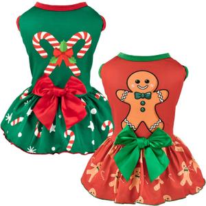 Vehomy 2-Pack Christmas Day Dog Cat Dress Christmas Dog Dresses with Bow Xmas Pet Bowknot Skirt Outfit Costume for Puppies Cats Small & Medium Dogs S