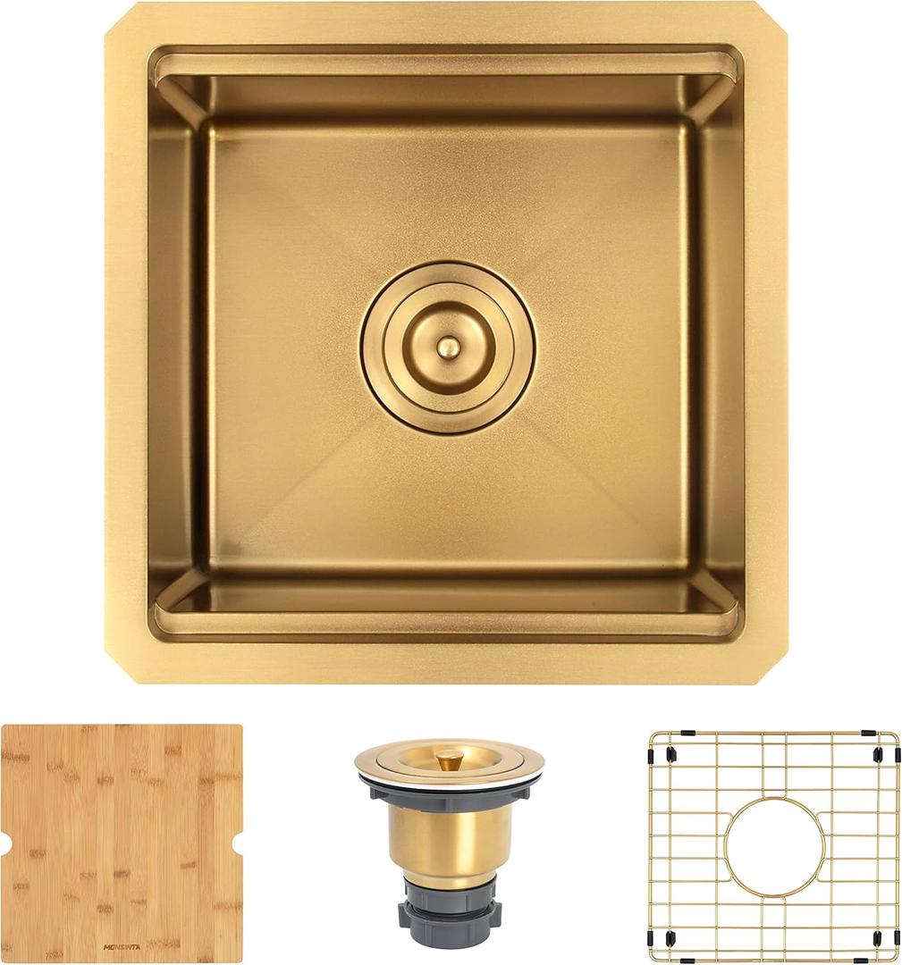 Bar Sink,15 Inch Undermount Gold Kitchen Sink, 15" x 15" x 10" Small and Deep Single Bowl Kitchen Sinks For Bar and RV, 16 Gauge Stainless Steel Workstation Sinks with Gold Accessories