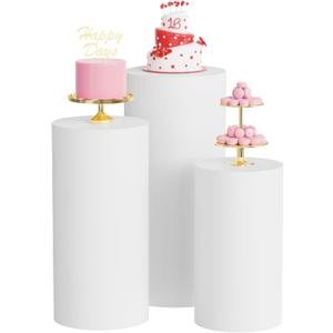 Wokceer Spandex Cylinder Stand Covers for Party 3Pcs Cylinder Pedestal Covers Plinth Pillar Cover for Birthday Party Wedding Props Decor White (Only Cover)