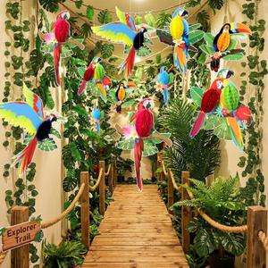 18 Pcs Rainforest Party Decorations Hanging Tropical Birds Parrot Honeycomb Paper Cutouts Jungle Artificial Ivy Fake Vines Palm Leaves Garland for Hawaiian Rio Luau Tropical VBS Jungle Party Decor