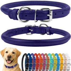CollarDirect Rolled Leather Dog Collar, Soft Padded Round Puppy Collar, Handmade Genuine Leather Collar Dog Small Large Cat Collars 13 Colors (15-19 Inch, Purple Textured)