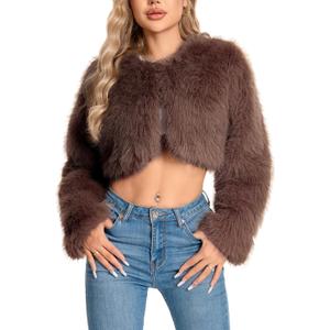 Fur Coats For Women,Plus Size Cropped Faux Fuzzy Jacket Fluffy Fall Coat. (Large, Brown)