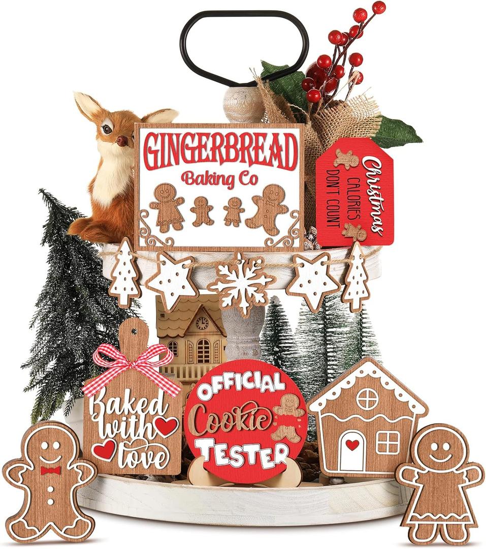 Jetec 12 Pcs Christmas Tiered Tray Decor, Gingerbread, Gingerbread House, Snowflakes, Baking Wooden Sigen Rustic Farmhouse Christmas Tabletop Centerpiece for Home Table Shelf