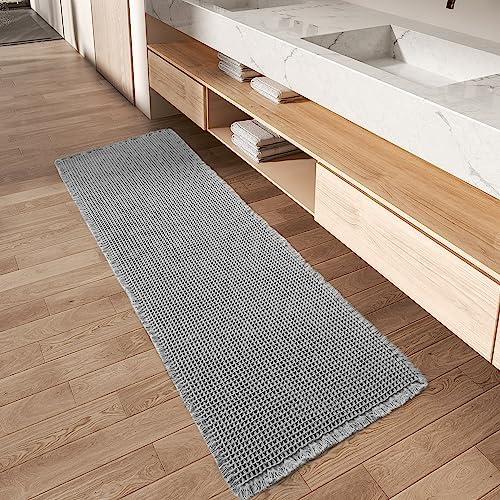 AMOAMI Upgraded Waffle Runner Rug Super Absorbent Non Slip Bath Mats for Bathroom Machine Washable Bathroom Runner Rug with Tassels, Ideal for Hallway Bedroom Laundry Room, Light Grey, 17" x 72"