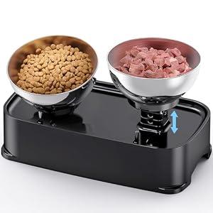 OSORD Elevated Cat Bowls, 15° Tilted in Both Way & 4 Height Adjustable Raised Cat Food Bowl, Cats Dish for Food and Water with 2 Stainless Steel Bowls, Anti Vomiting for Cats Puppy, Non-Slip No Spill