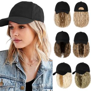 Qlenkay Baseball Cap with Hair Extensions 14inch Wavy Curly Bob Hairstyle Adjustable Wig Hat Attached Synthetic Hairpiece for Woman Ginger Blonde Mix Bleach Blonde