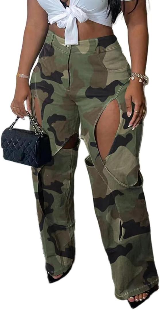 Women's Camo Cargo Pants High Waist Y2K Baggy Cut Out Straight Leg Casual Trousers Streetwear (X-Large, Camo Green)