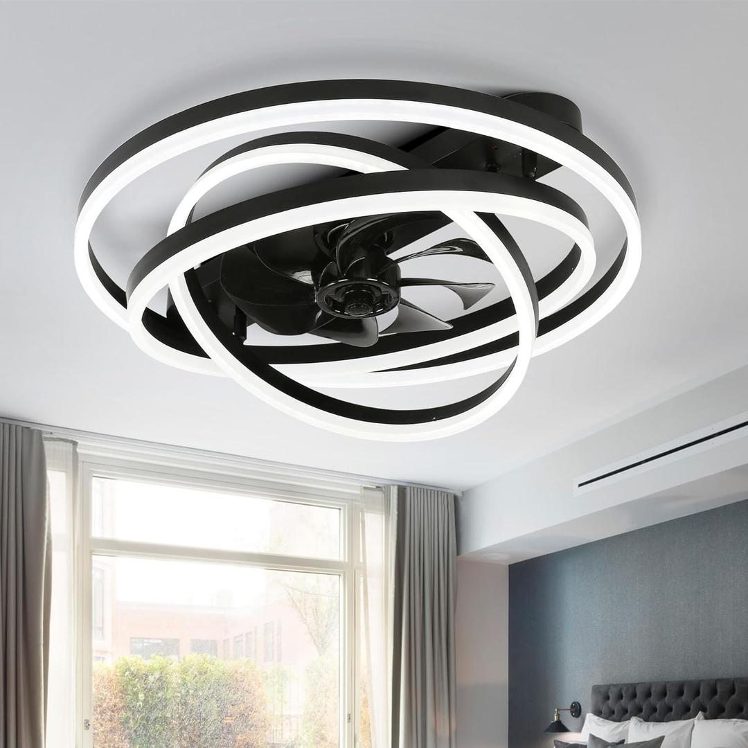 24" Ceiling Fans with Lights, Flush Mount Ceiling Fan with Lights 6-Speed Remote Control, Modern Ceiling Fan with Light Low Profile for Bedroom, Living Room, Kids Room Black