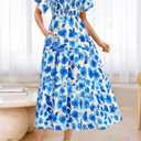 BTFBM Women's Clothing Wedding Guest Dresses Casual Boho Floral Short Sleeve Smocked Maxi Beach Spring Summer Dress 2026 (Blue, S)