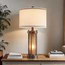 RORIA Farmhouse Table Lamps for Living Room with 2 USB Charging Ports, Vintage Rustic Nightstand Lamp with Amber Glass Nightlight, Retro Desk Lamp for Bedroom Entryway, 2 Bulbs Included, 1 Pack-Brown