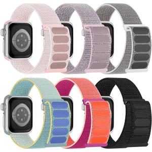 6 Pack Sport Nylon Loop Band Compatible with Apple Watch Bands 38mm 40mm 41mm 42mm 44mm 45mm 46mm 49mm for Women Men, Adjustable Breathable Braided Straps for iWatch Series 10/9/8/7/6/5/4/3/SE/Ultra (Black/Pink Sand/Pearl Pink/Sea Shell/Marine Green/Pomegranate)