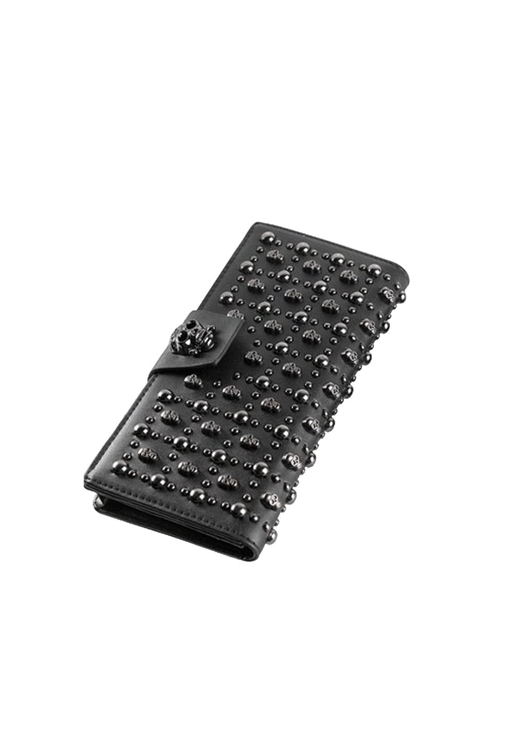 Shinywear Women's Black Long Skull Studded Purses Genuine Leather Card Holder Wallet