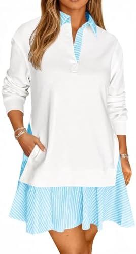 Wenrine Womens Oversized Sweatshirt Dress Casual Long Sleeve Collared V Neck Patchwork Loose Mini Dresses XXL