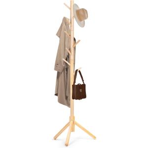 Wooden Coat Rack Freestanding with 8 Hooks & 3 Adjustable Sizes for Clothes, Space-Saving Design for Bedroom Office Entrance Holds Hats Coats Scarves Bags