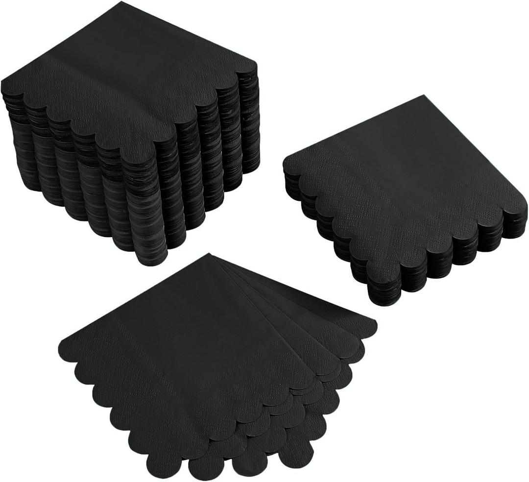 200 Pack Cocktail Napkin 2-Ply Scalloped Edged Dessert Napkins Folded 5 x 5 Inches Disposable Napkins for Dinner Wedding Birthday Party Bridal Anniversary Reception Event (Black)