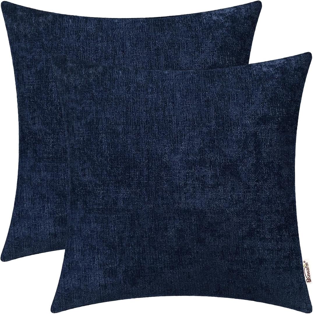 Brawarm Throw Pillow Covers Decorative 18 X 18 Inches Pack of 2 Cozy Chenille Cushion Cases for Couch Sofa Bed Living Room Home Navy Blue