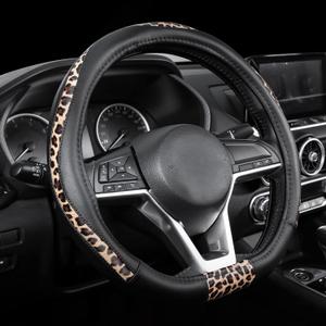 Road Comforts D-Type Steering Wheel Cover - Made with PVC Leather and Leopard Fabric - Universal Fit for 15-Inch D-Shaped Automotive Steering Wheels (Black Color)