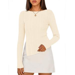 MEROKEETY Women's Fall Long Sleeve Sweater Tops 2025 Boat Neck Ribbed Asymmetric Lightweight Knit Shirts, Beige, Small (