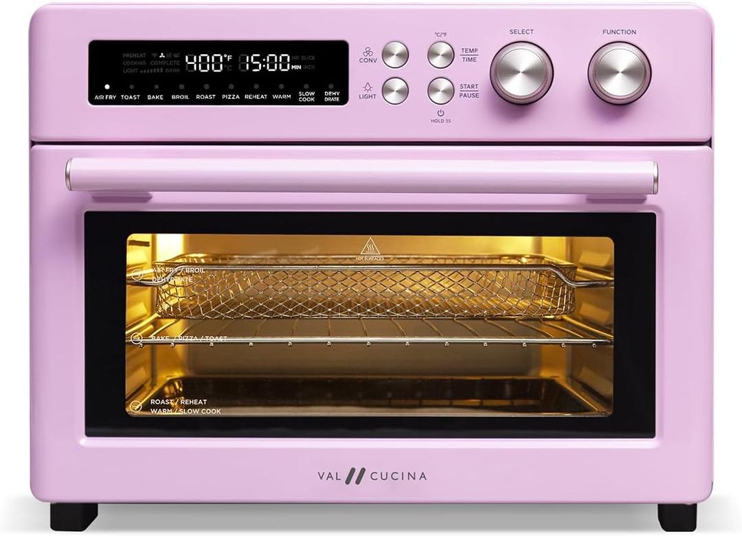 Retro Style Infrared Heating Air Fryer Toaster Oven, Extra Large Countertop Convection Oven 10-in-1 Combo, 6-Slice Toast, Enamel Baking Pan Easy Clean with Recipe Book, Classic Pink Color