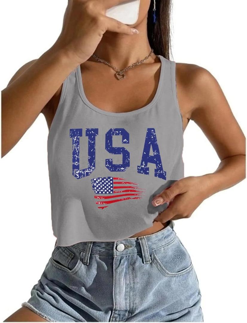 Women's Sexy American Flag Crop Tank 4th of July Patriotic Sleeveless Tee Tops (Gray)