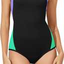 Beautikini Period Swimwear One Piece Leakproof Menstrual Swimsuit Racerback Color Block Bathing Suit for Teen Girls Women (Small, Black/Purple/Biscay Green)