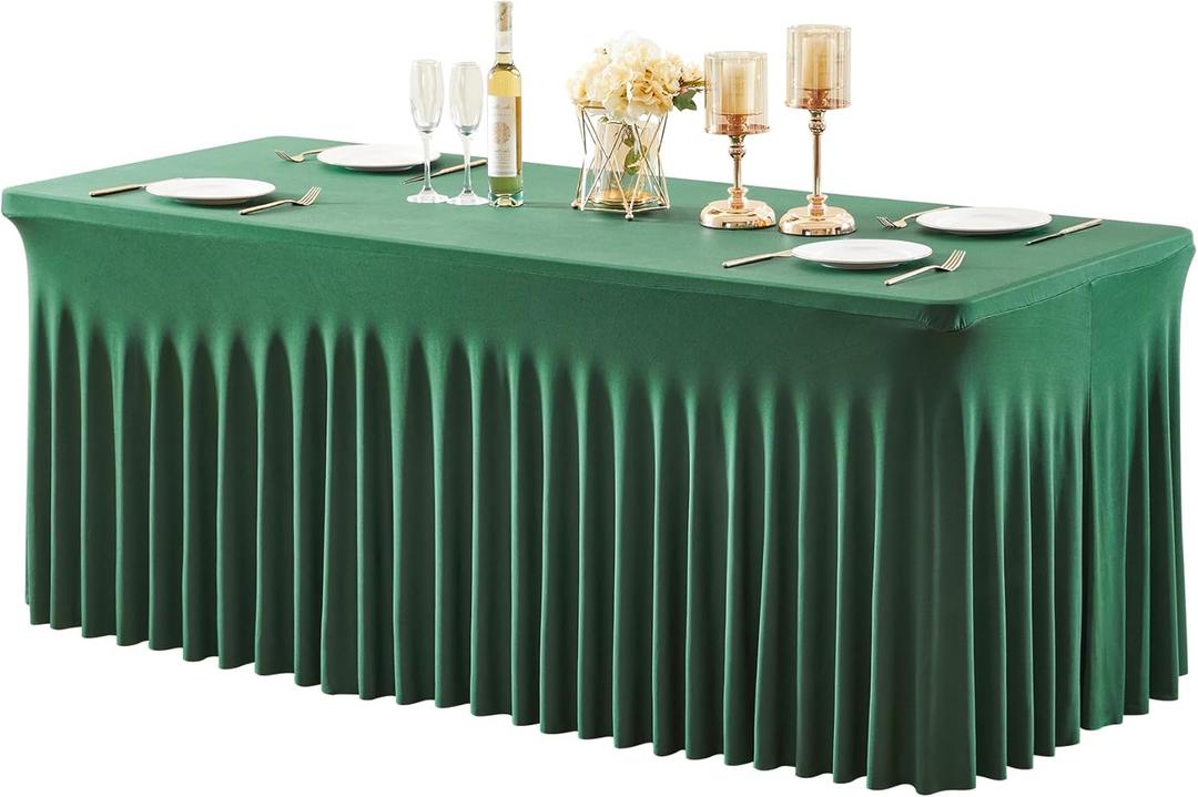 1 Pack Green Table Clothes for 6 Foot Rectangle Tables, Wrinkle Resistant Stretch Spandex Table Covers Fitted Tablecloth with Skirt for Easter Event Banquet Wedding Birthday Party