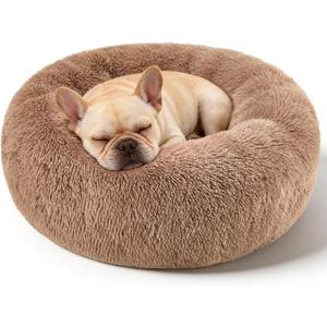 Dog Calming Beds for Small Medium Large Dogs - Round Donut Washable Puppy Dog Bed, Anti-Slip Faux Fur Fluffy Donut Cuddle Anxiety Cat Pet Bed(20'' Khaki