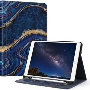 OKP Case for iPad 9th Generation 2021 / 8th Generation 2020/ 7th Gen 2019 10.2 inch Case with Multi-Angle Viewing PU Leather Flio Stand Cover with Pencil Holder&Pocket,Auto Sleep/Wake,Marble Darkblue
