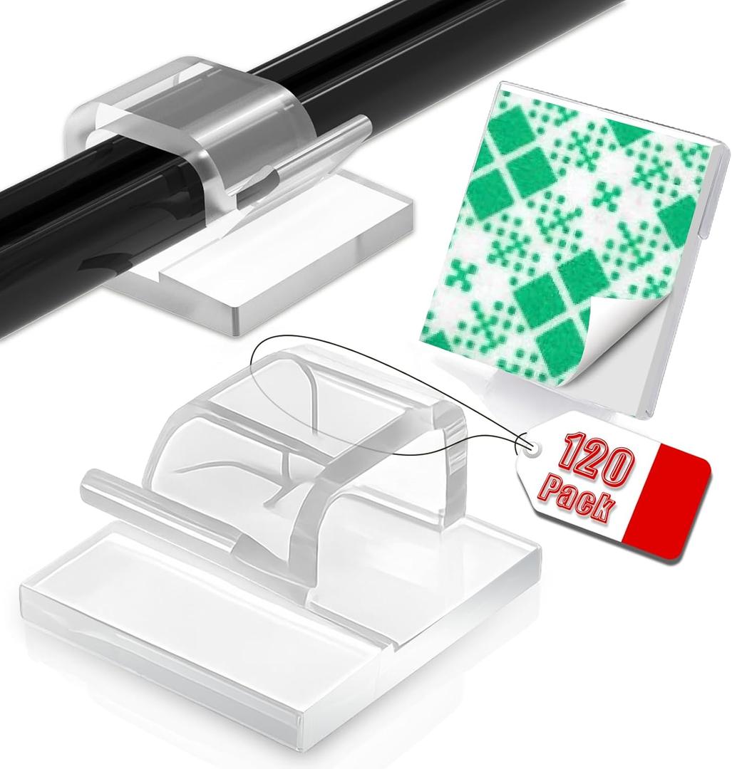 Latoxcaa 120PCS Heavy-Duty Adhesive Cable Clips, Clear Traceless Cord Organizer & Wire Holders for Wall, Desk, Car, LED Strips and Outdoor Lights (Small)