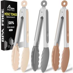 Hotec Mini Silicone Kitchen Tongs for Cooking - 7-Inch Small Serving Tongs with Silicone Tips, Set of 3 (Neutral Color)