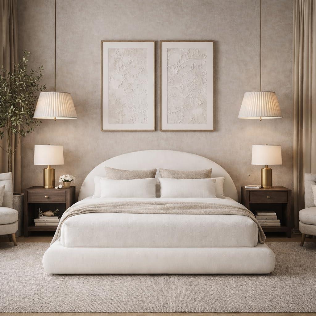 Round Bed  Washable Zip Cover - Upholstered Linen Soft Foam - Modular Minimalist Modern - Half Circle Moon - Sold Sold Separately (Waterproof White Linen, Queen Base)