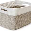 Shelf Woven Storage Basket, 18 x 22 x 9” Closet Rope Baskets For Organizing, Square Bins with Handles, White+Rice Brown 1 Pack