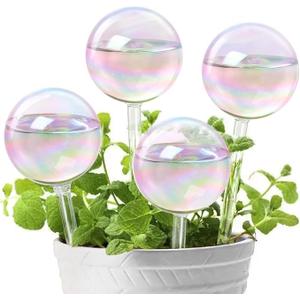 KiKiHeim Plant Self Watering Globes Planter Insert Spikes Top Fill Automatic Waterer Devices, 4Pcs Light Iridescent Clear Glass Water Bulbs for Indoor&Outdoor (Ball)