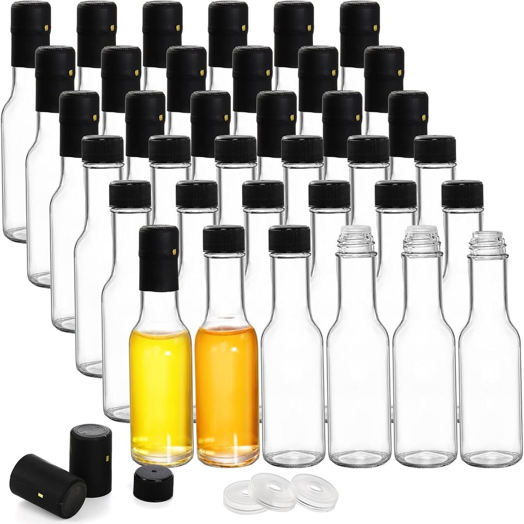 Cedilis 36 Pack Small Glass Bottle, 3oz Glass Woozy Bottle, Empty Mini Hot Sauce Bottles, Clear Liquor Bottles with Shrink Capsule, Black Screw Caps, Dripper Insert