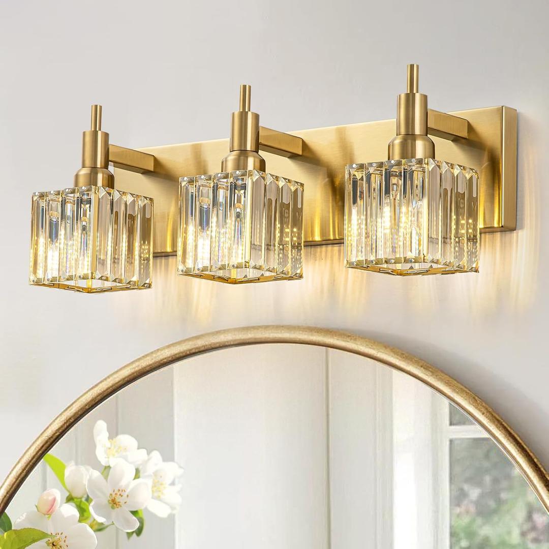 Gold Bathroom Vanity Lights - 3 Lights Crystal Bathroom Lighting Fixtures Over Mirror Modern Gold Crystal Wall Light (Gold-Square Shade)