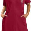 Ekouaer Zipper Robes for Women Knee Length Bathrobe Lightweight Housecoat Short Sleeve Nightgown with Pockets S-3XL (Medium, Wine Red With Pink)