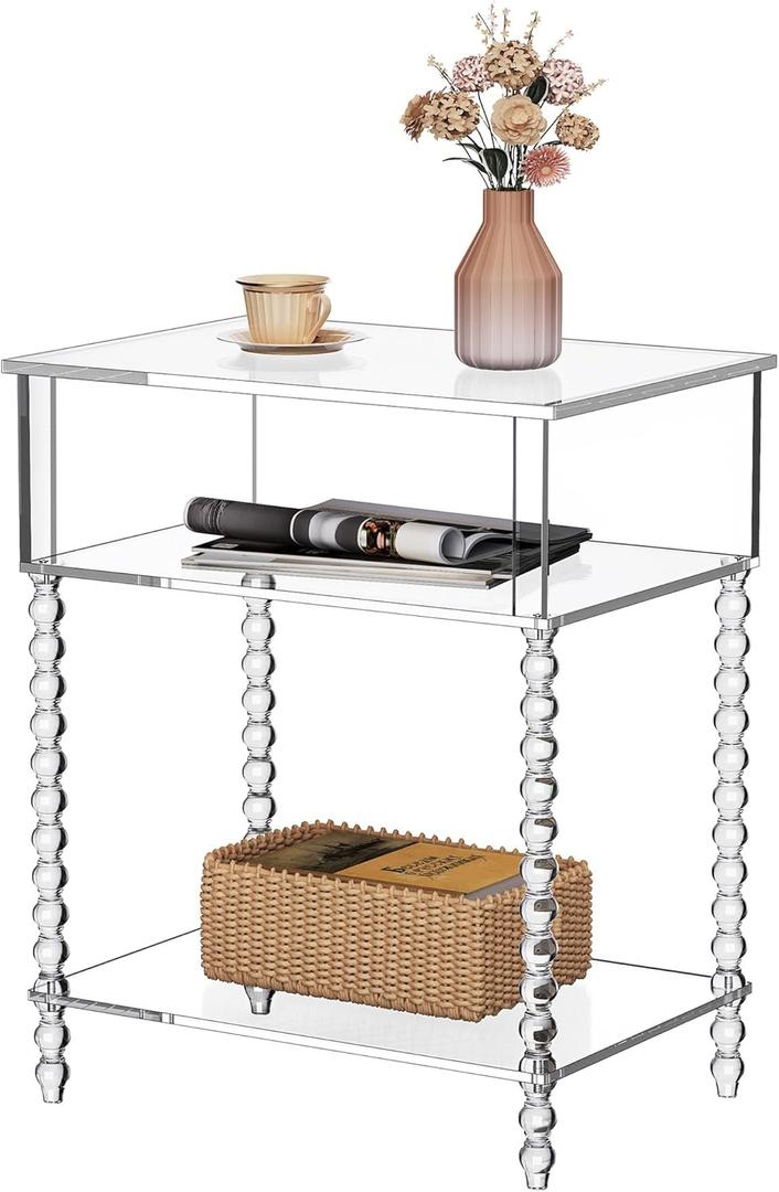 Acrylic Side Table, Clear 3-Tier End Table with Storage, Nightstand for Living Room, Bedroom, Office (Clear, Large)