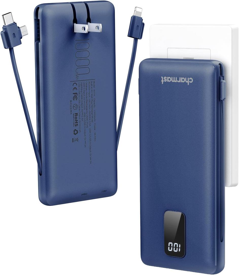 Charmast Portable Charger with Built-in Cables and Plug, 10000mAh USB C Power Bank Fast Charging 15W, External Battery Pack Slim, Travel Essentials Compatible with 16 15 14 13, Samsung Galaxy, iPad (Navy)