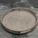 13.8 inch Round Rattan Tray, Decorative Coffee Table Tray, Ottoman Tray, Woven Serving Tray with Handles, Wicker Serving Basket, Whitewash