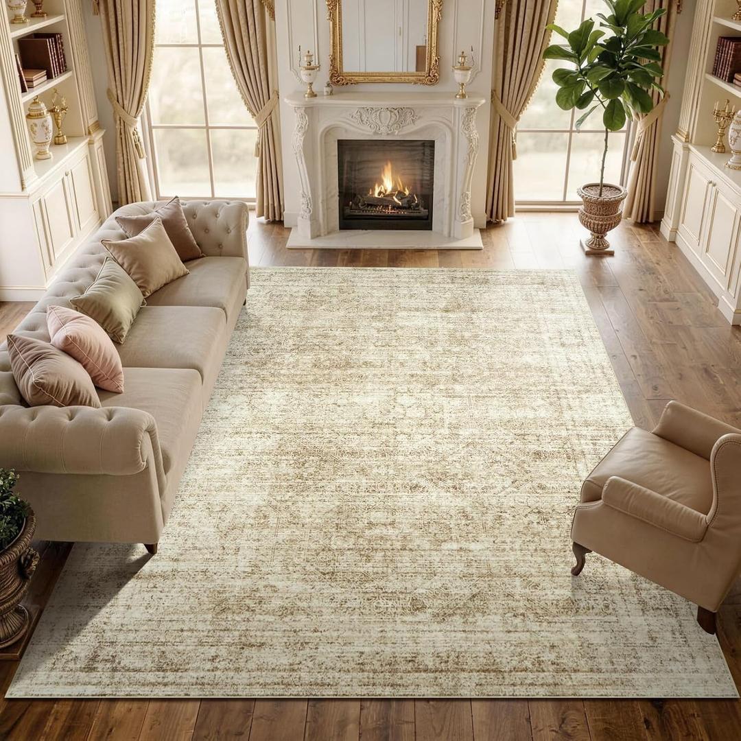 8x10 Machine Washable Area Rug, Beige Vintage Distressed Boho Rug, Foldable Ultra Soft Low Pile Non-Slip Stain Resistant Carpet for Living Room Large Area