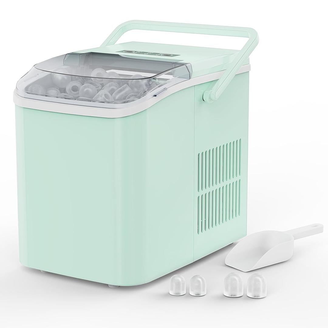 NEWBULIG Ice Makers Countertop with Handle, Portable Ice Machine, 9 Bullet Ice Cubes in 6 Mins, 26lbs in 24Hrs, Auto-Cleaning, with Basket and Scoop, for Home, Kitchen, RV, Camping,Green