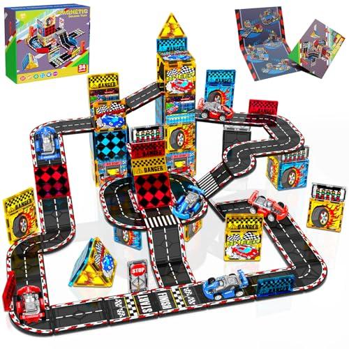 Magnetic Tiles Road Set | Magnet Tiles Race Track, Magnetic Car Racing Tile for Kids Ages 4-8 5-7, Toddler Magnet Building Toys STEM Learning Sensory Birthday Gifts for 3+ Years Old Boys Girls