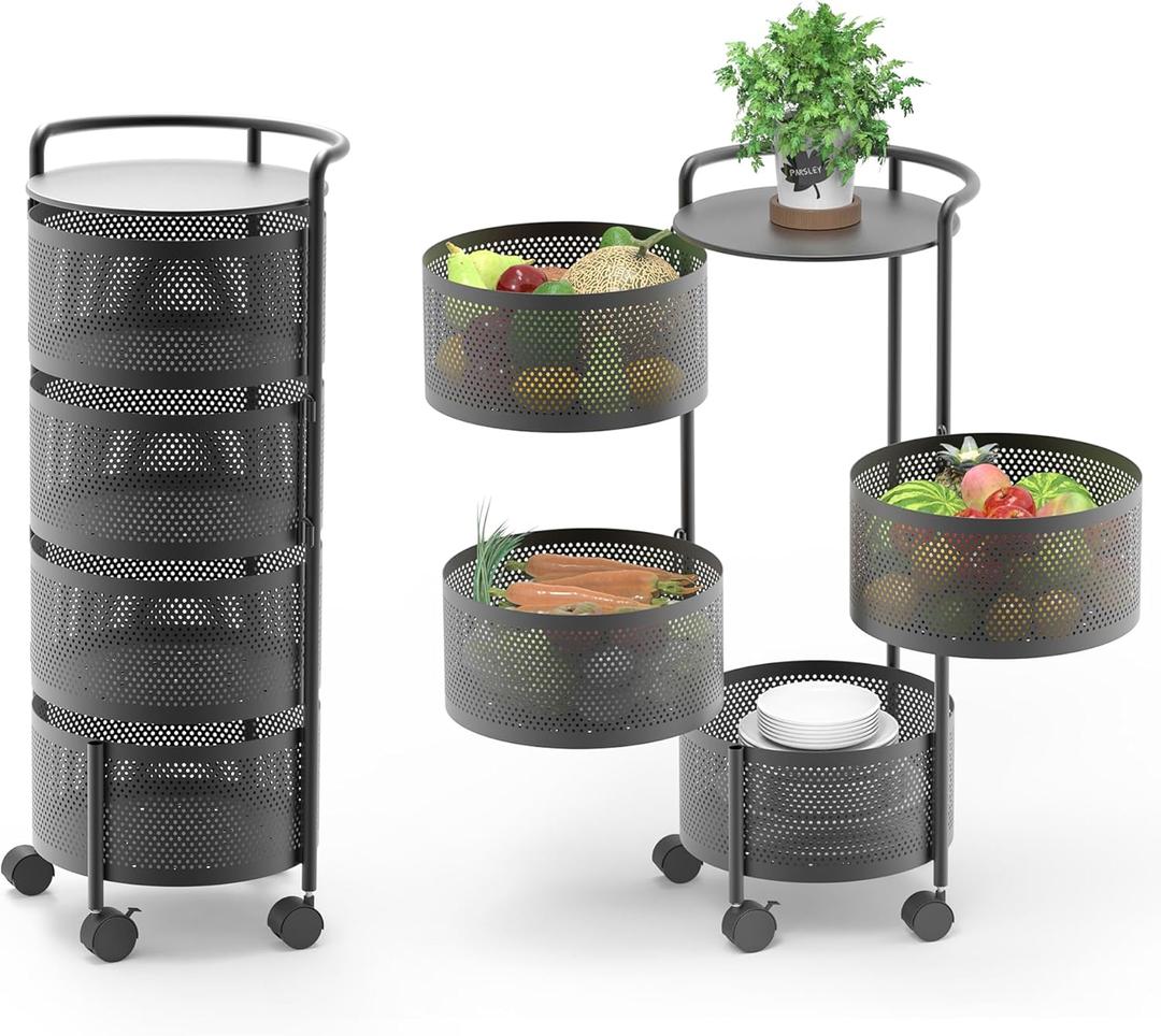 Rotating Kitchen Storage Rack No Assembly, 4-Tier Metal Storage Tower Basket Shelves Organizer on Rolling Wheels with Removal Drawers for Fruit Vegetable Grocery Corns Potato Onion (4-Tier, Black)